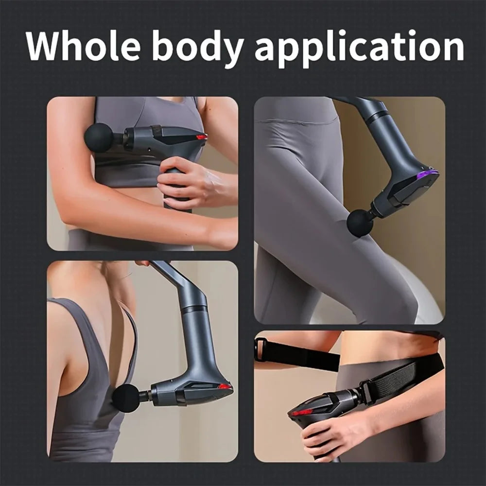 Multifunctional massage gun used on arm, leg, back, and waist for muscle recovery