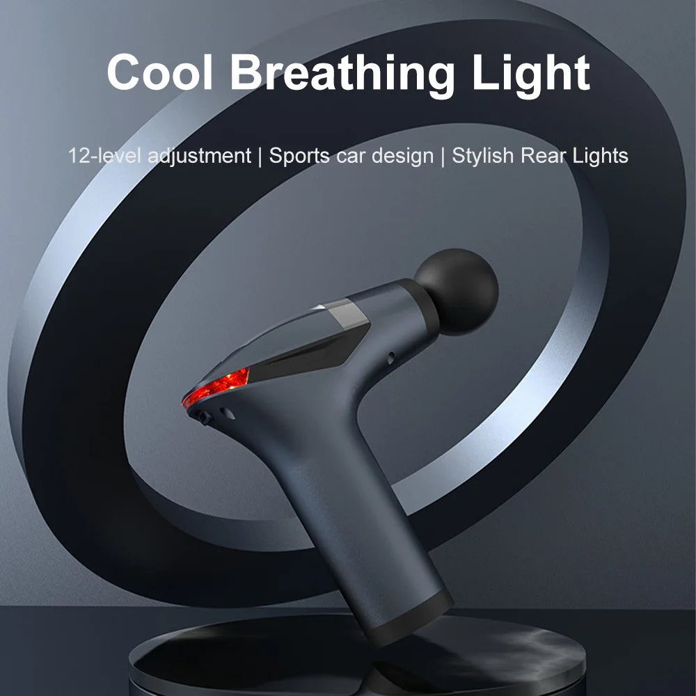 Black massage gun with rear LED light, ergonomic handle, and modern sports car design.