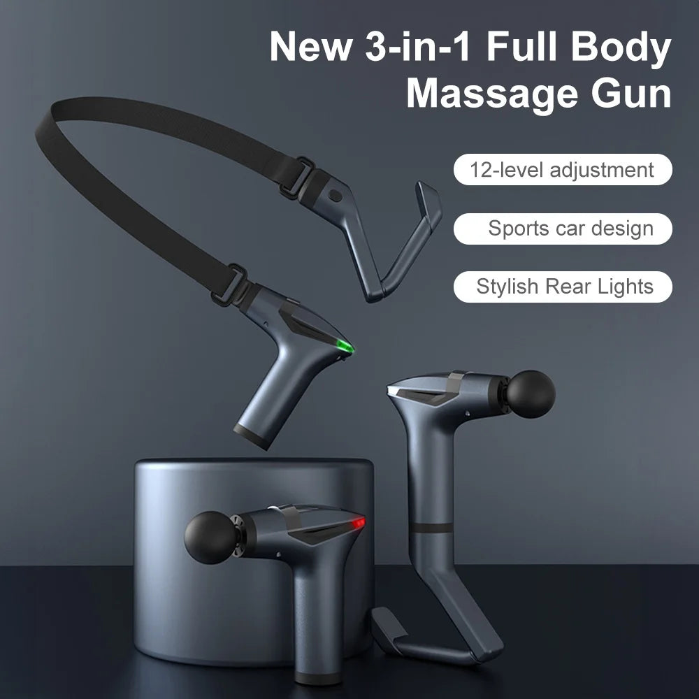 3-in-1 full body massage gun with adjustable handle and LED lights, sleek dark design