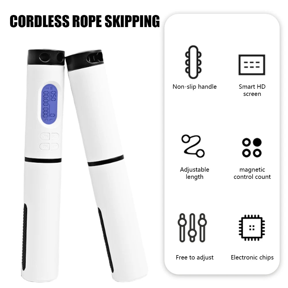 Cordless jump rope with smart LCD screen, non-slip handles, adjustable length, and digital counter