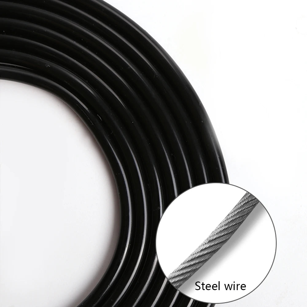 Black cable coil with steel wire core, close-up detail inset