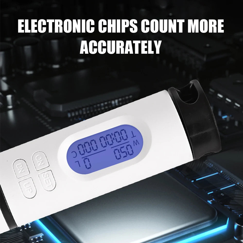 Digital skip rope with LCD display and control buttons, showcasing electronic chip accuracy