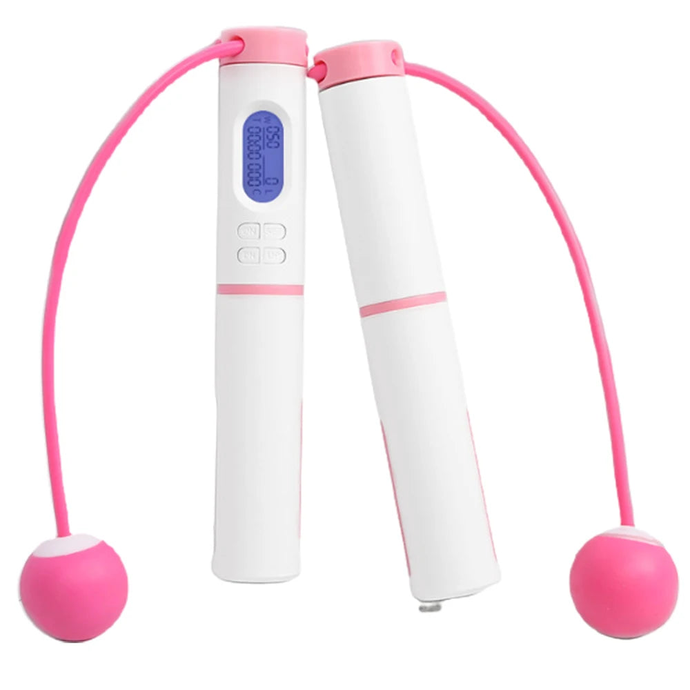 Digital cordless jump rope with pink handles and weighted balls for fitness training