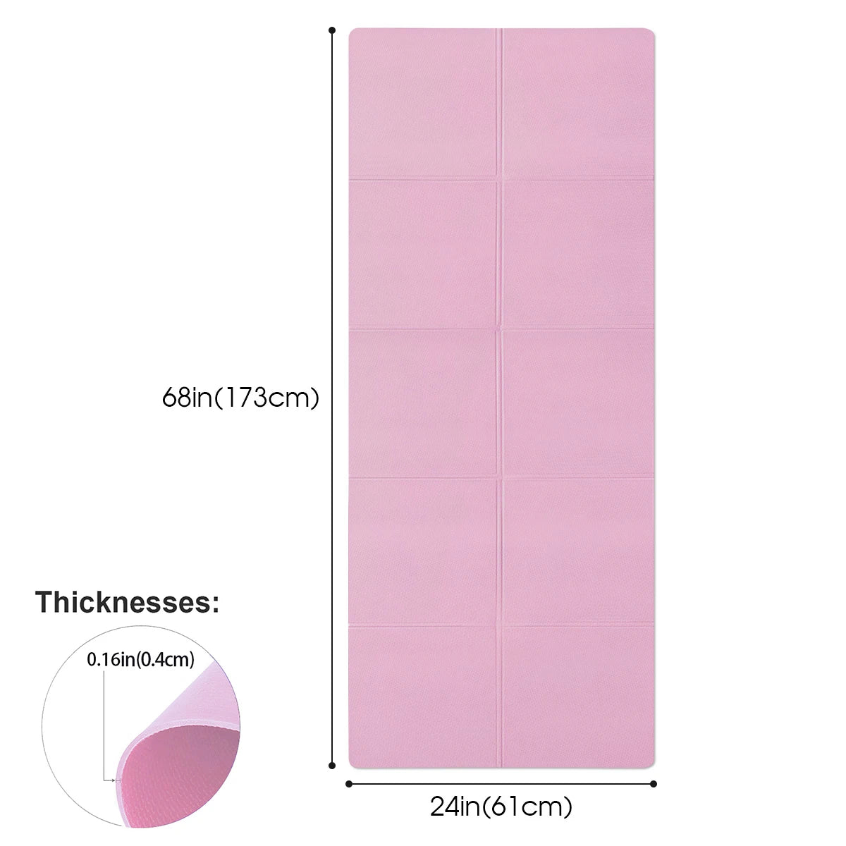 Pink foldable yoga mat measuring 68x24 inches, 0.16 inch thick, ideal for exercise and stretching.
