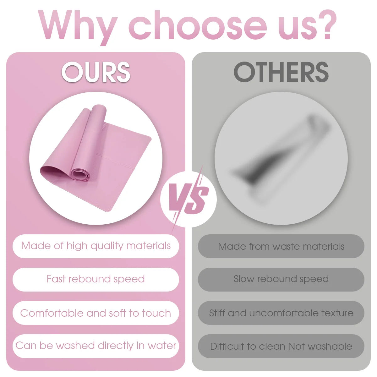 Comparison graphic of pink exercise mat with high quality materials, fast rebound, washable, and a blurred mat on the right labeled as lower quality.