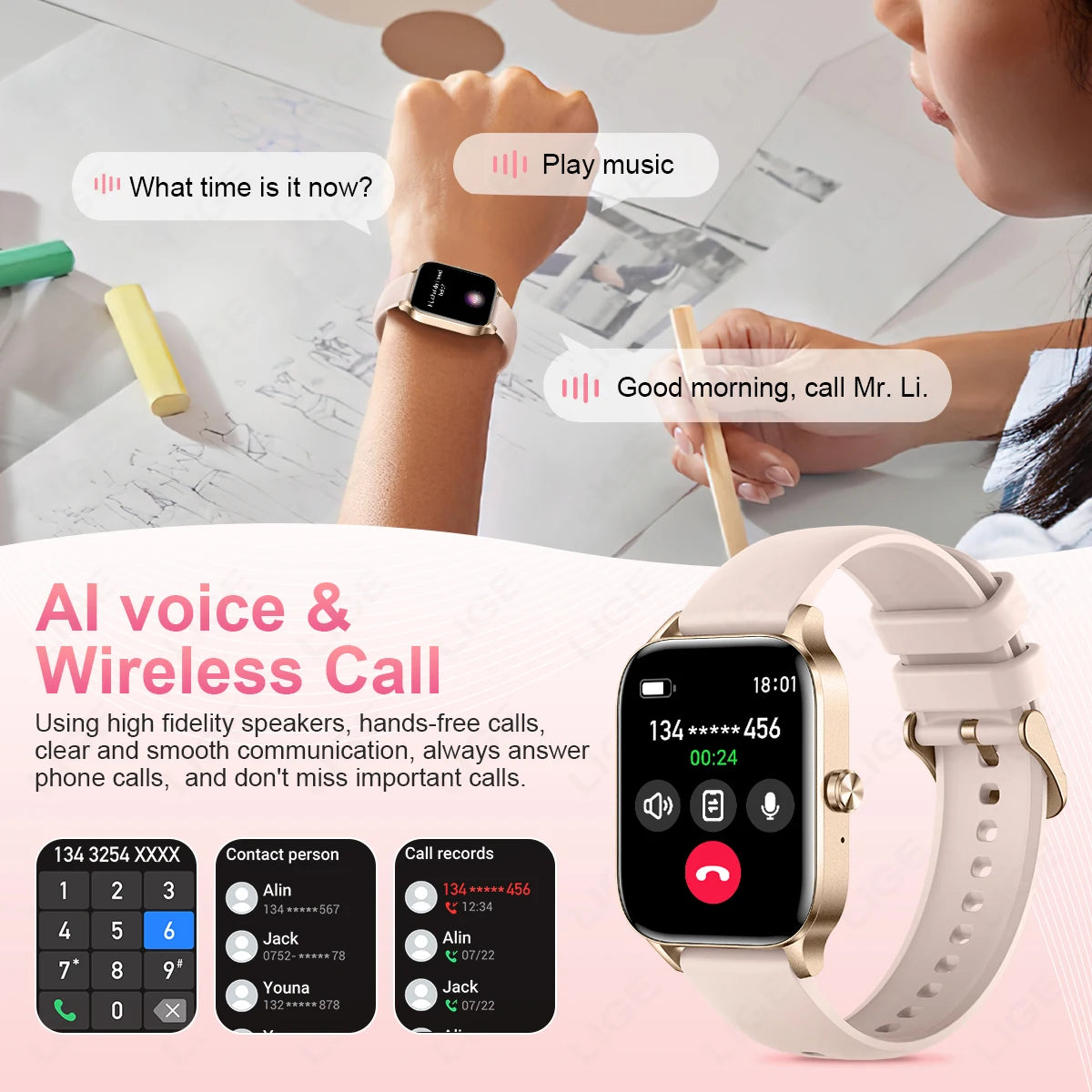 Smartwatch with AI voice assistant, wireless call, and music control features, worn on wrist