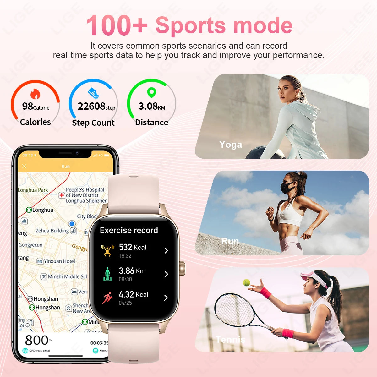 Smartwatch fitness tracker showing sports modes for yoga, running, tennis, step count, and calories.