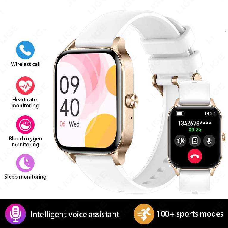 Gold smart watch with white band, showing fitness, health tracking, voice assistant, sports modes.