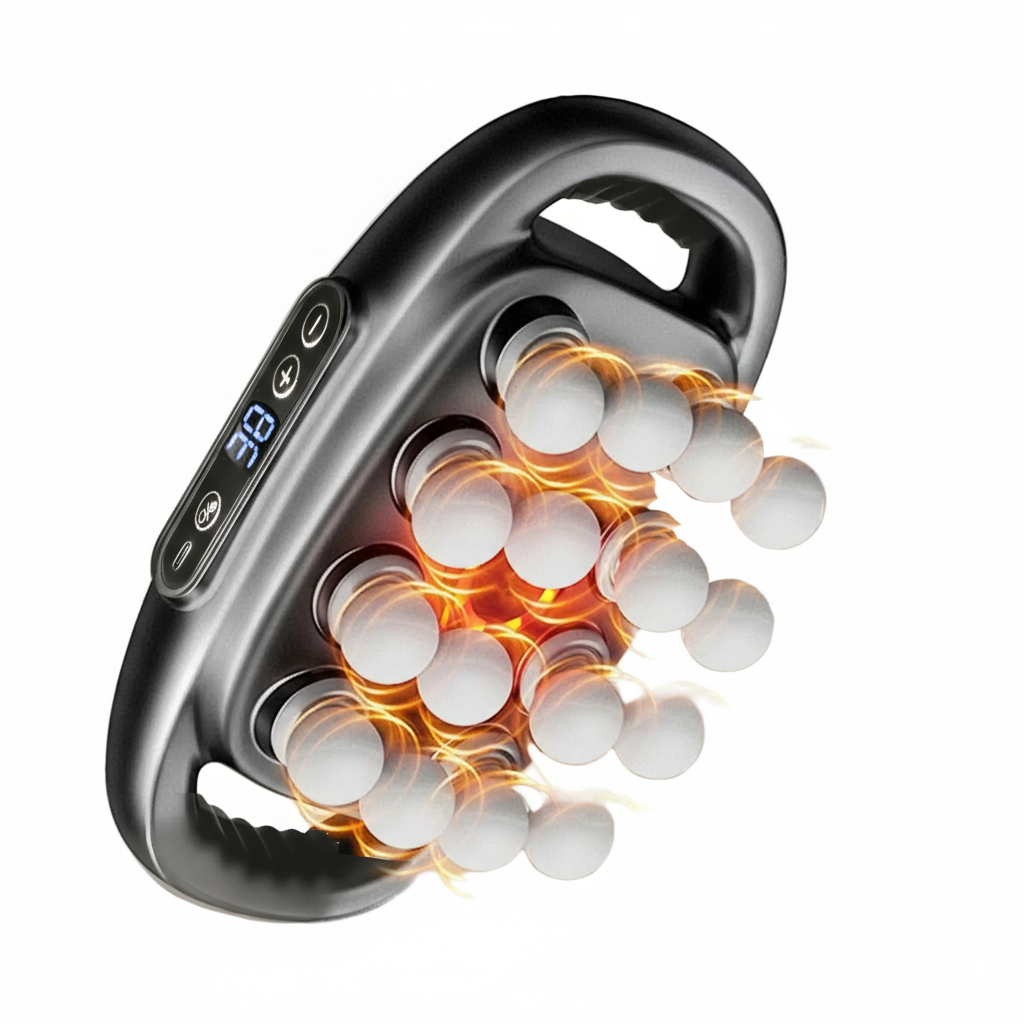 Handheld electric massager with heated rotating massage nodes and digital controls