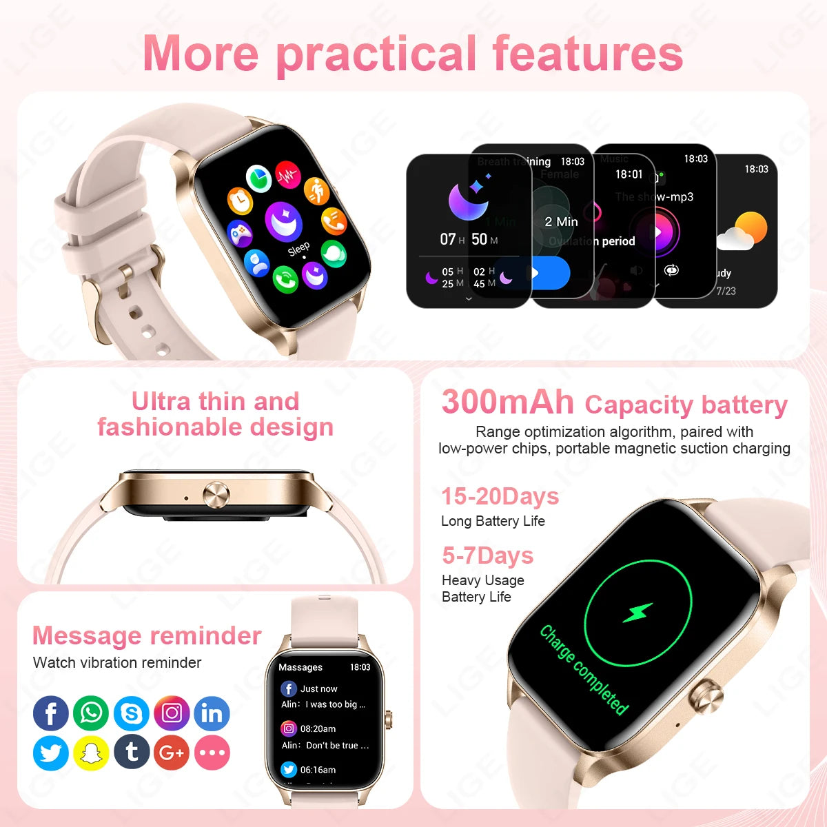 Pink and gold smart watch with message reminder, long battery life, ultra thin design, health and fitness tracking features.