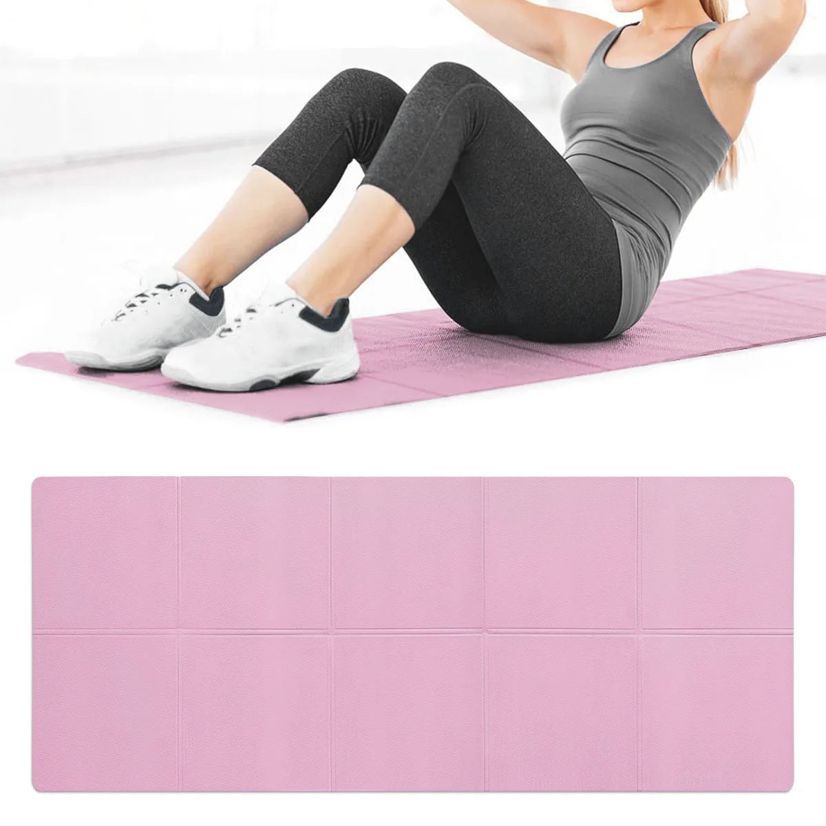 Woman exercising on a pink foldable yoga mat, fitness and workout accessory