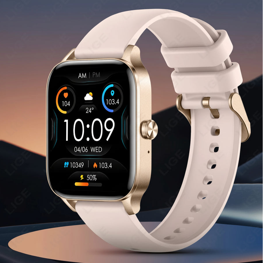 Gold smart fitness watch with white band displaying health stats and digital clock on screen