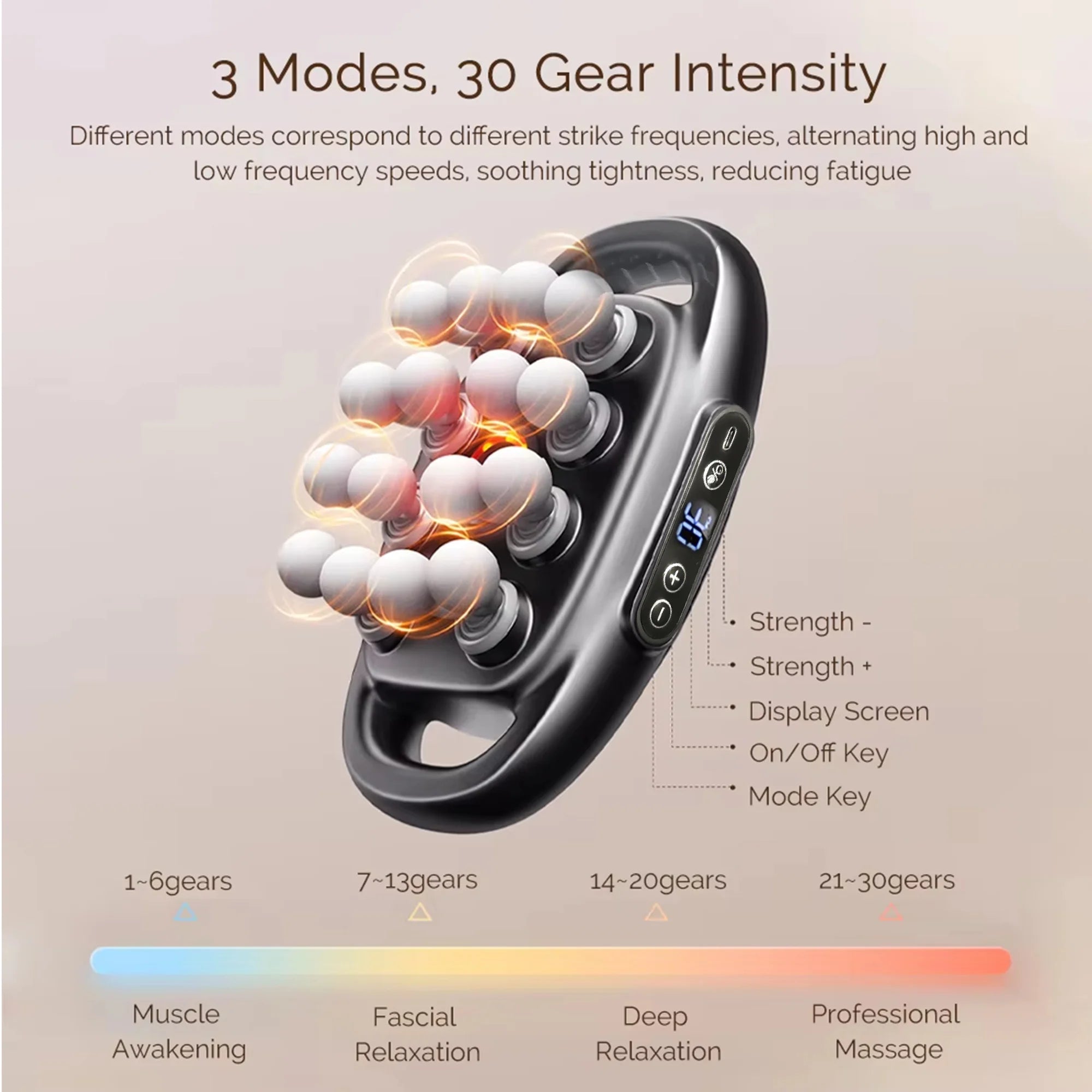 Electric handheld massager with LED display, 12 rotating massage nodes, adjustable intensity, and mode settings for muscle relaxation and recovery.