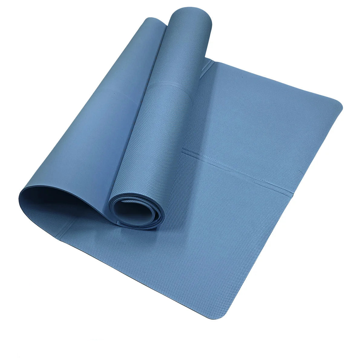 Blue textured yoga mat unrolled on white background, fitness and exercise accessory
