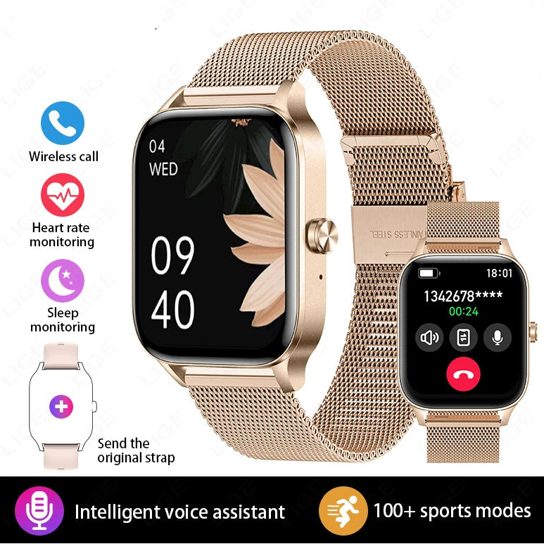 Gold smart watch with mesh band, displaying call features, heart rate, sleep monitoring, sports modes.