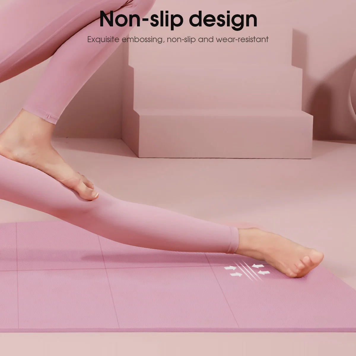 Woman stretching on pink non-slip yoga mat with textured surface and alignment marks