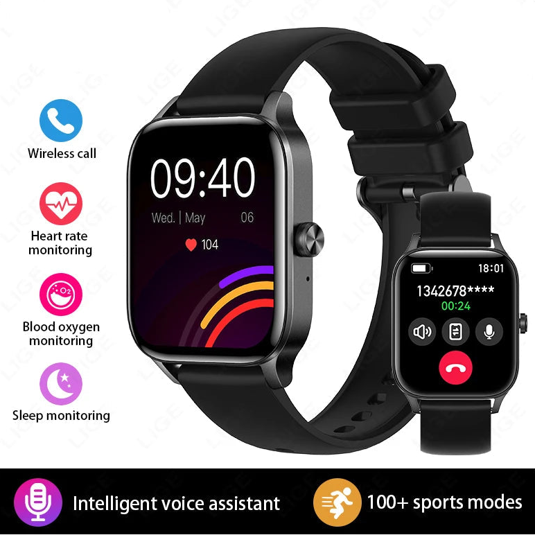 Black smartwatch with heart rate, blood oxygen, sleep monitoring, wireless call, and sports modes