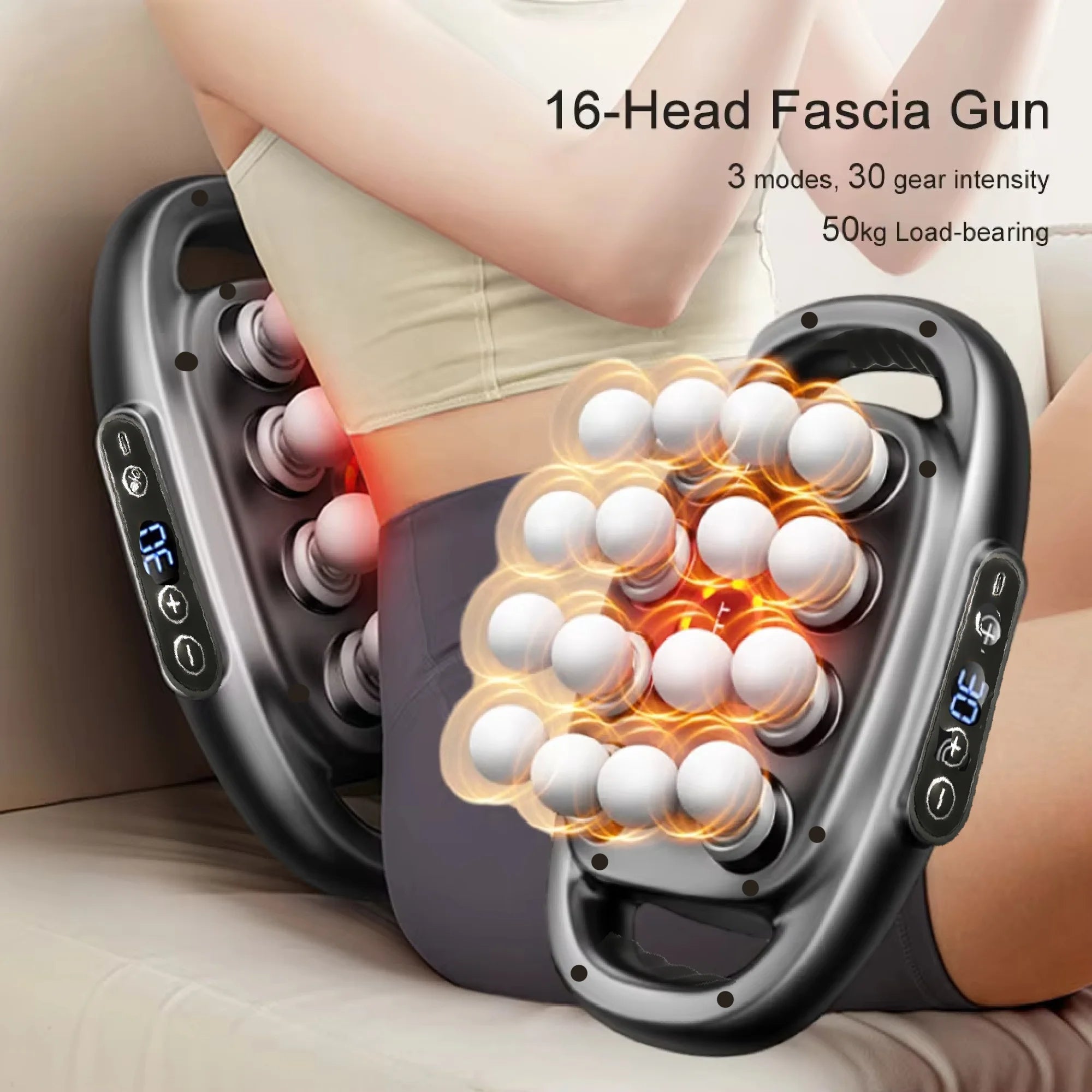 Woman using 16-head fascia massage gun on lower back, muscle recovery device with LED display