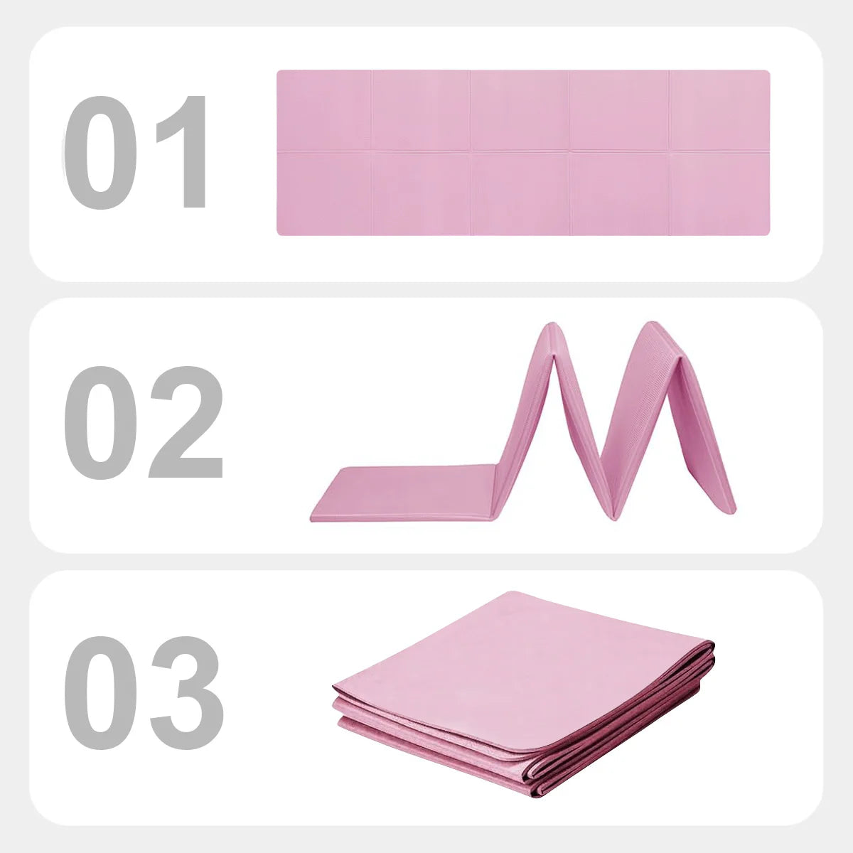 Pink foldable exercise mat shown fully open, partially folded, and fully folded.