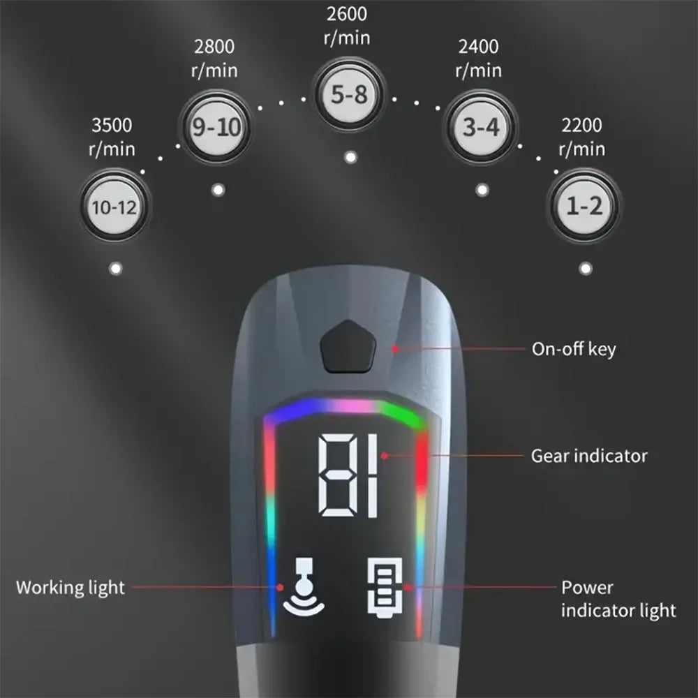 Close-up of massage gun LCD display showing speed settings, gear indicator, and working lights.