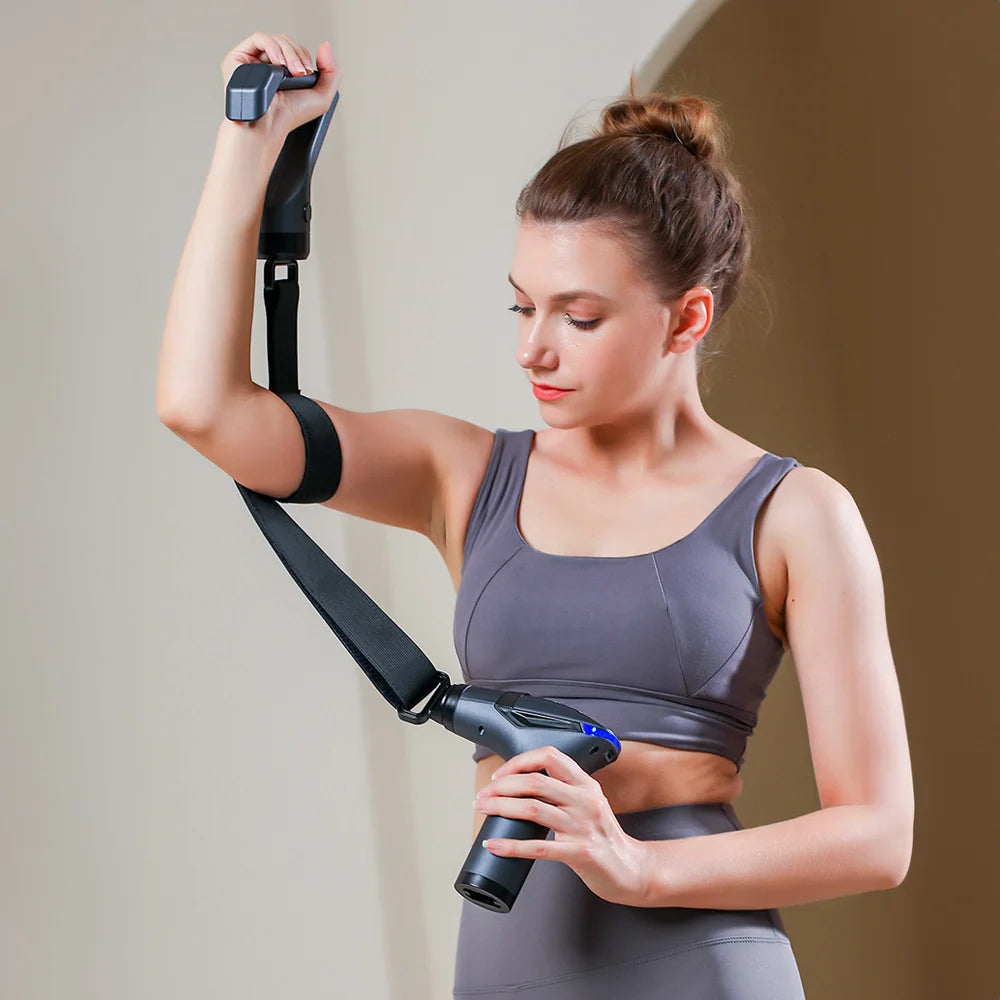 Woman using adjustable arm stretching device for mobility and physical therapy exercise