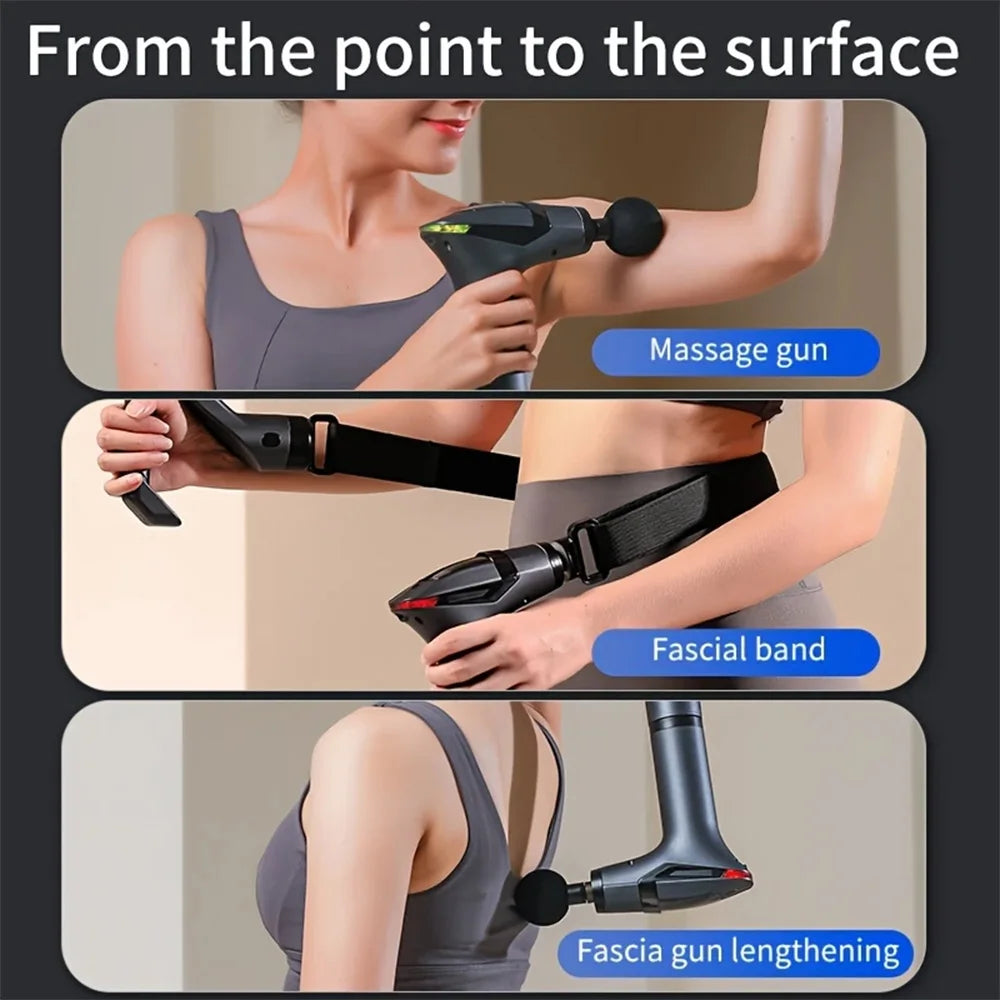 Woman using multifunctional massage gun with fascia band for muscle recovery and pain relief.