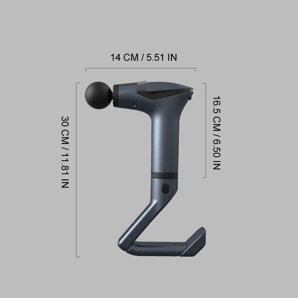 Ergonomic massage gun with measurements, 30cm tall, 14cm wide, 16.5cm depth, grey color.