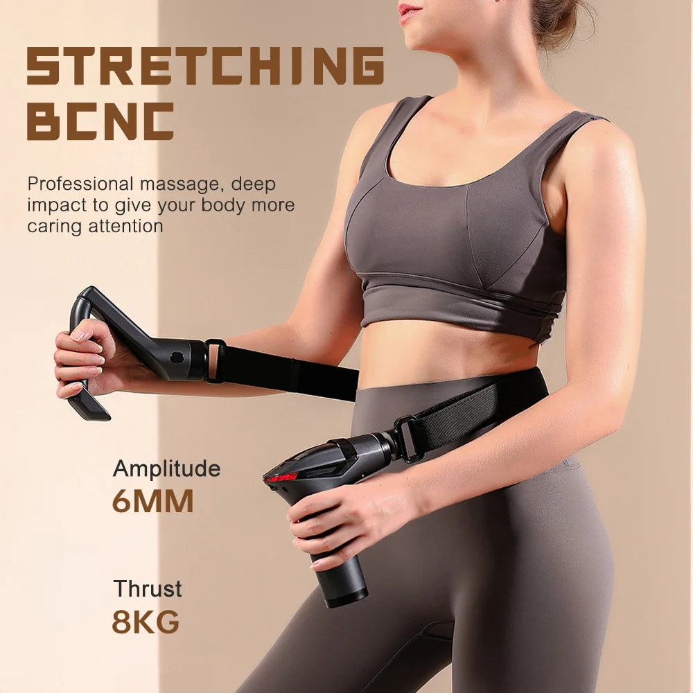 Woman using adjustable massage gun with arm strap for deep muscle recovery