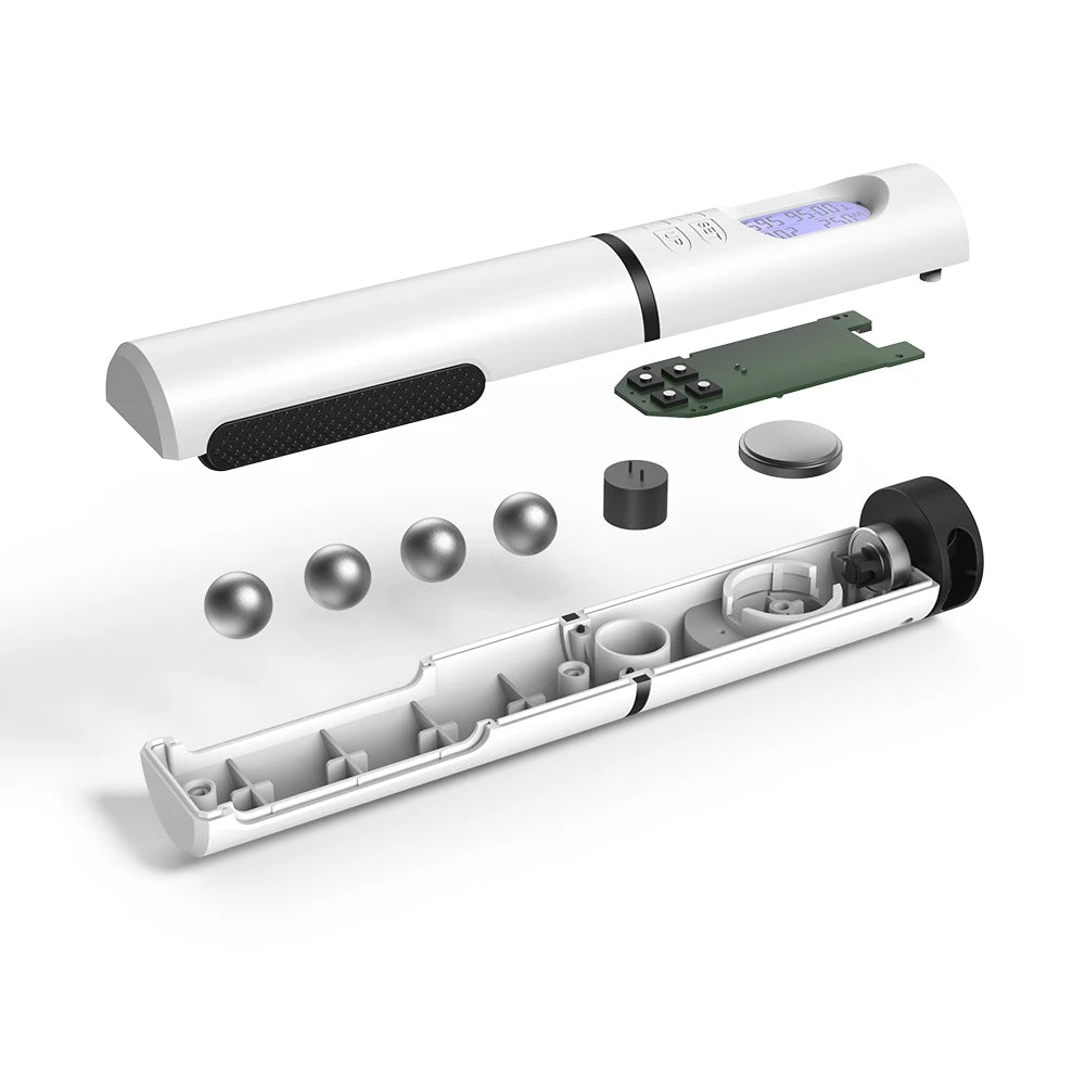 Exploded view of a white electronic massage device showing internal components
