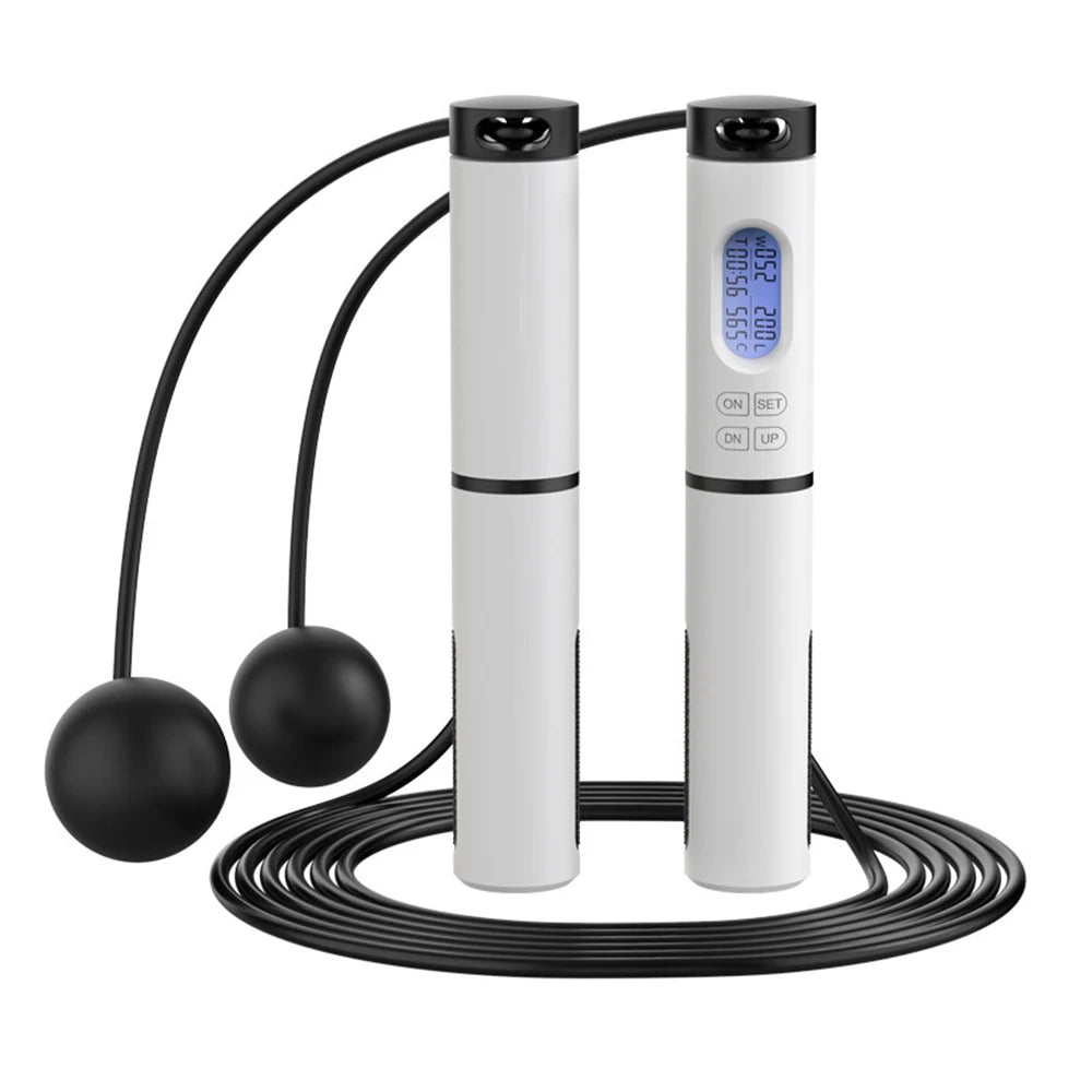 Digital jump rope with white handles, LCD display, and black adjustable cables