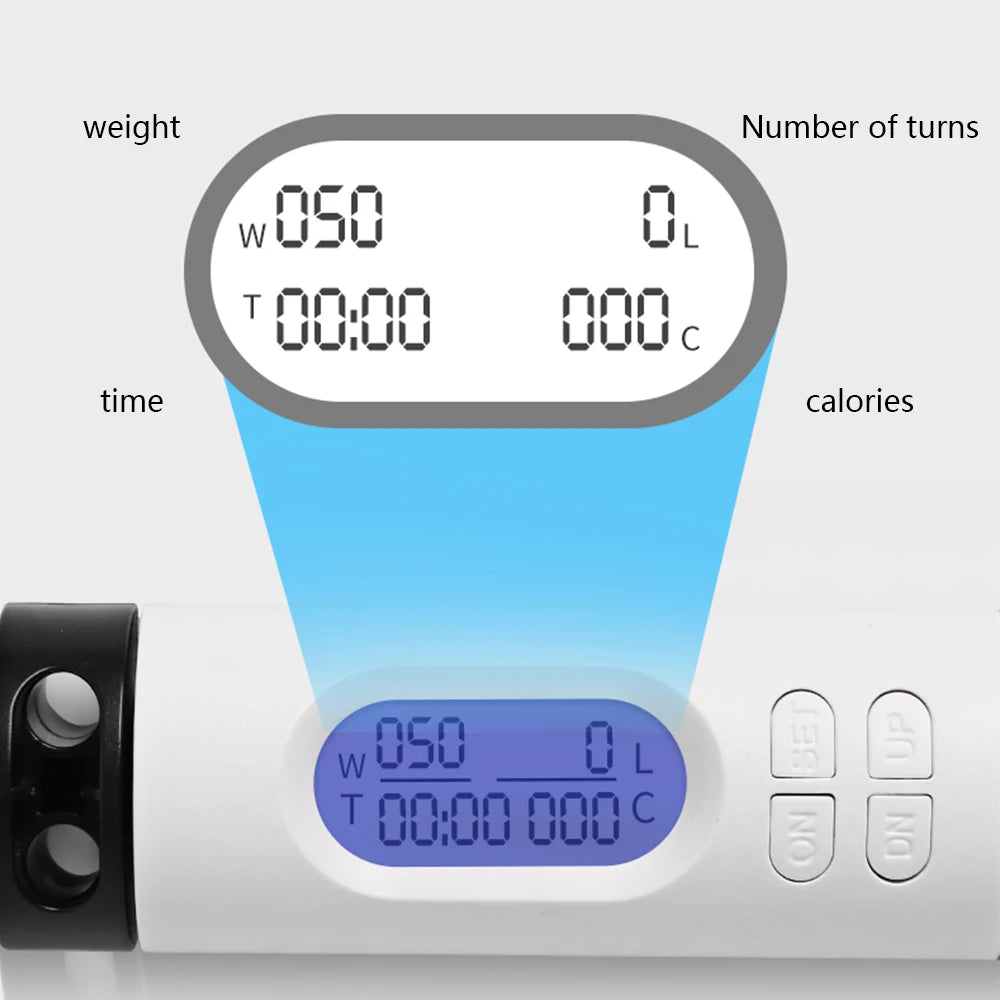 Digital jump rope handle with LCD display showing weight, turns, time, and calories tracked