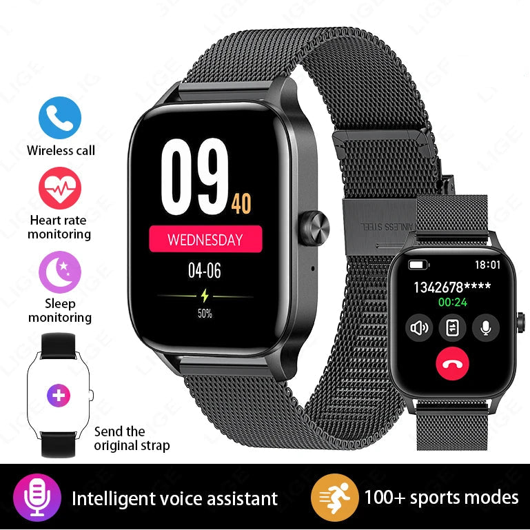 Black smart watch with metal mesh band, wireless call, heart rate, and sleep monitoring features.
