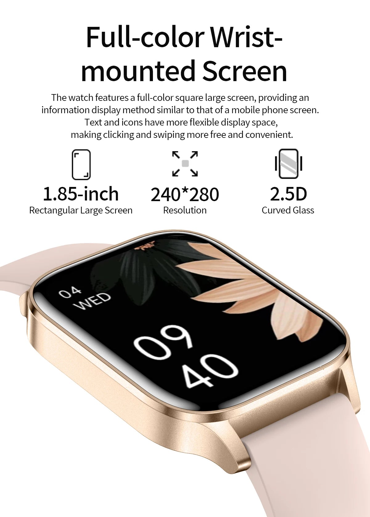 Gold smartwatch with 1.85-inch full-color rectangular display and curved glass screen