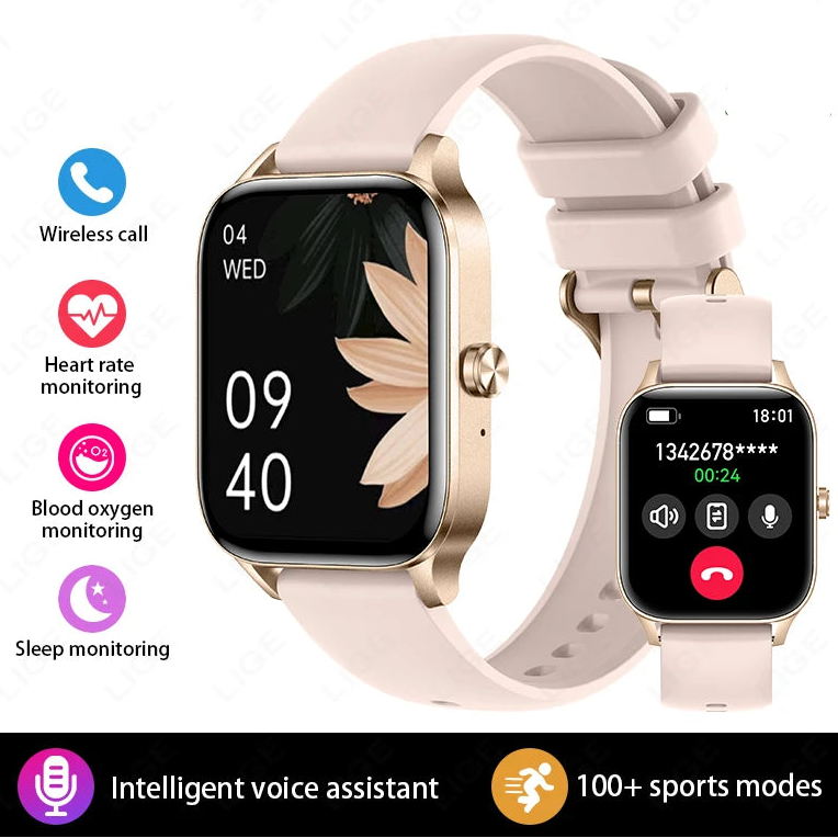 Smartwatch with gold case and pink silicone band, features wireless calls, heart rate and blood oxygen monitoring, sleep tracking, intelligent voice assistant, and 100+ sports modes.