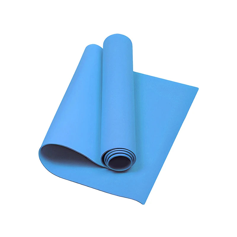 Blue rolled exercise mat for yoga, stretching, or fitness routines on a white background.