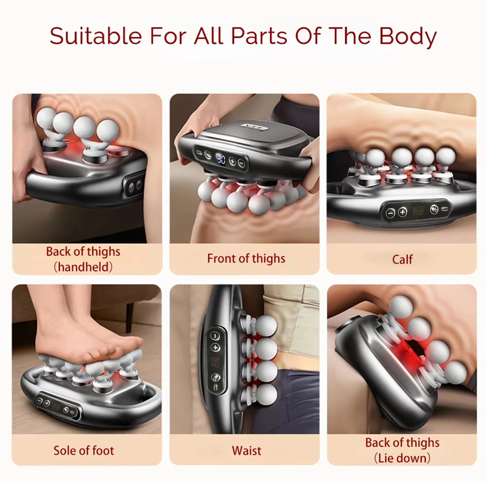 Multifunctional electric massager used on back of thighs, front of thighs, calf, sole of foot, and waist.