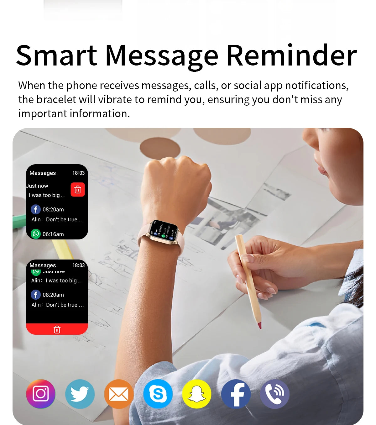 Woman wearing smartwatch with smart message reminder notifications at a desk