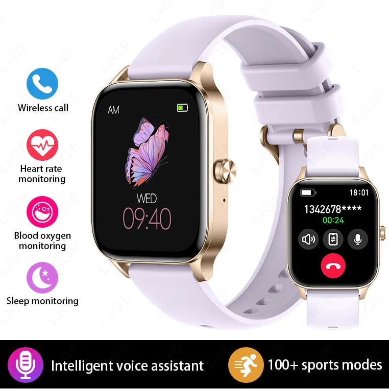 Smartwatch with white band, butterfly display, showing fitness, heart rate, and call features
