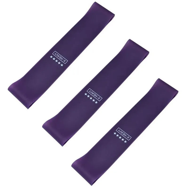 Set of three purple resistance bands labeled X-HEAVY for home fitness and physical therapy