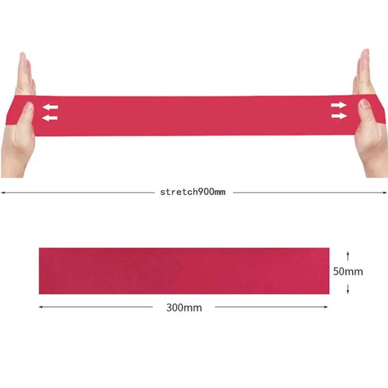 Red resistance band for exercise, stretchable to 900mm, shown with hands holding ends.