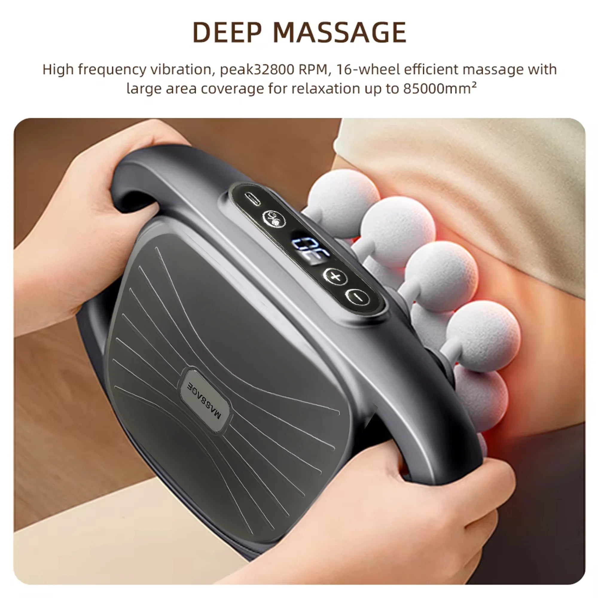 Handheld deep tissue massage device with 16 rolling balls used on lower back for muscle relief