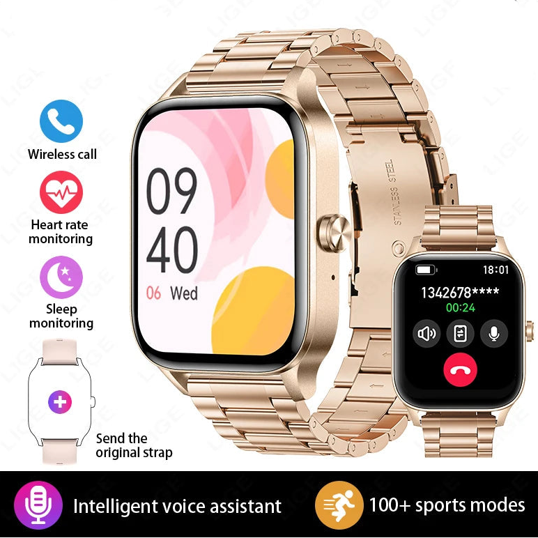 Gold smart watch with metal strap, showing fitness tracker, call, and health monitoring features.
