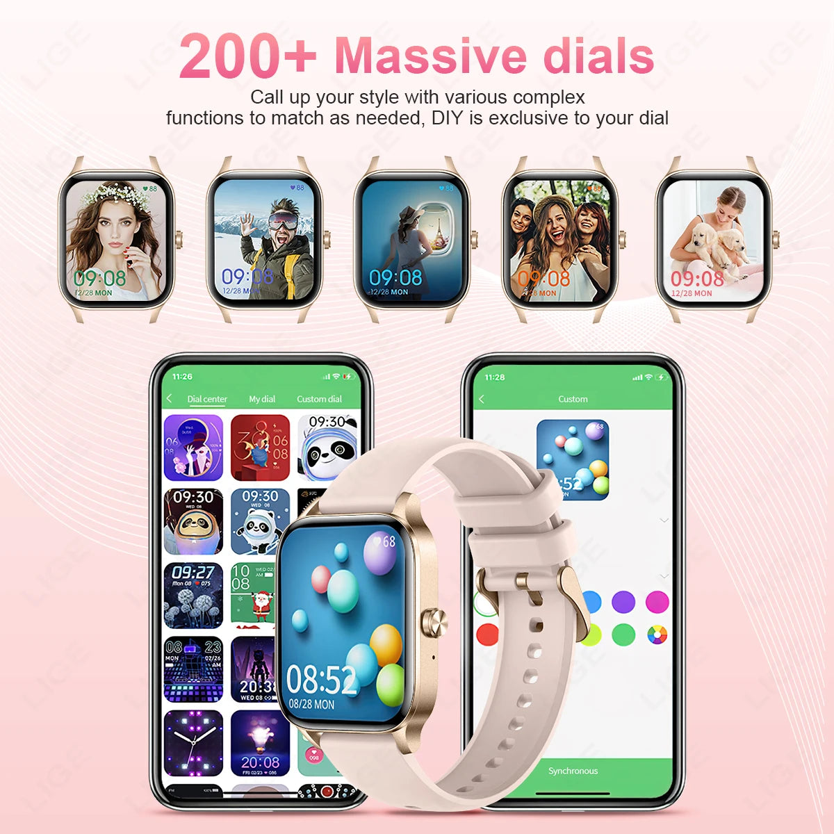 Smartwatch with customizable digital dials, various watch faces, and smartphone app interface