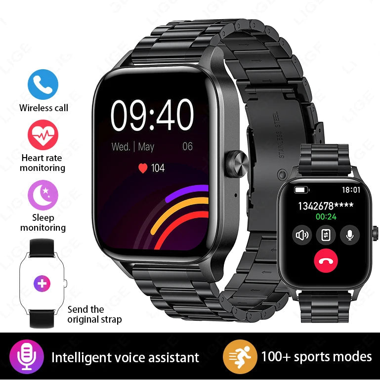 Black smartwatch with fitness tracking, heart rate monitor, wireless call, and sports modes
