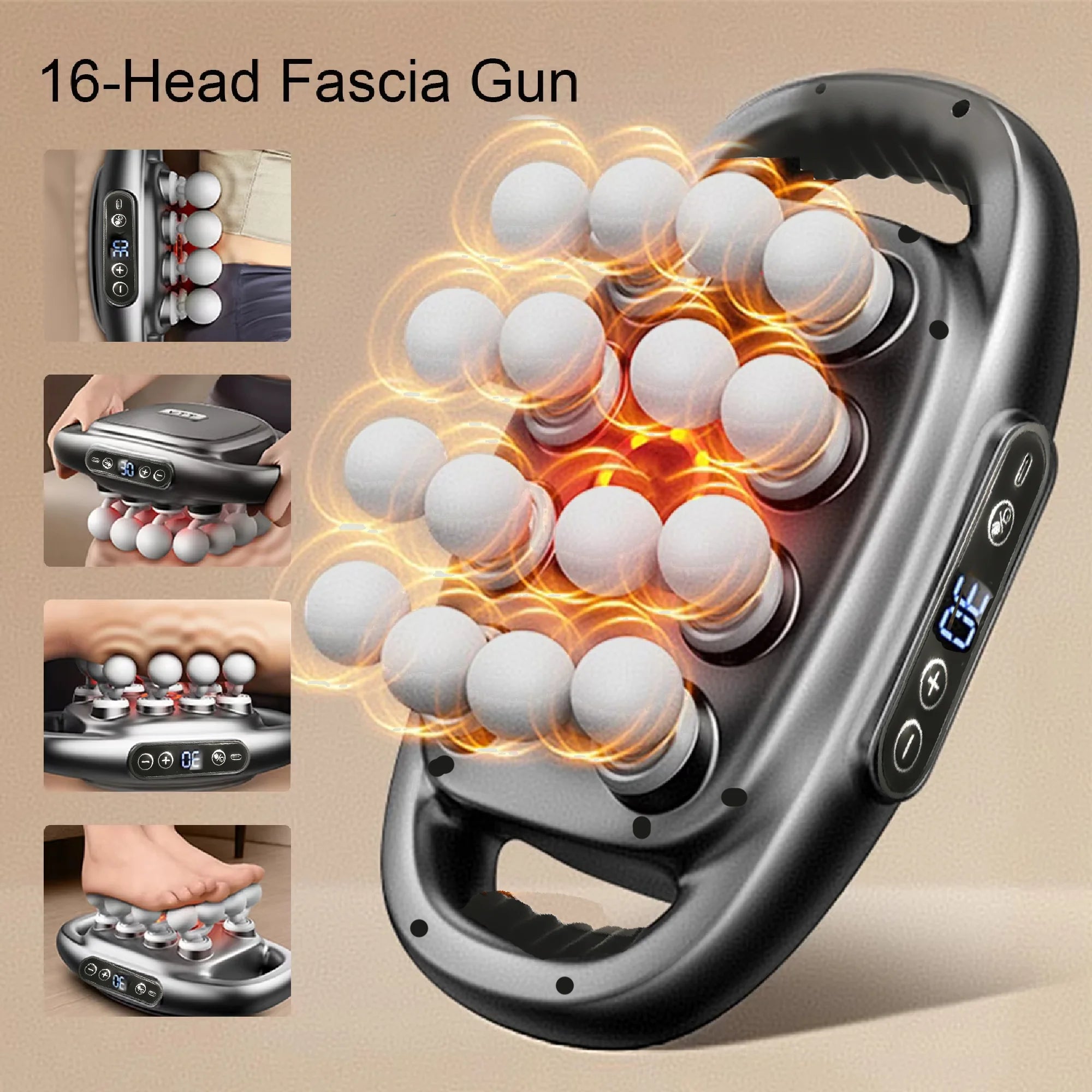 16-head fascia gun with digital controls for deep tissue massage, shown used on back and feet.