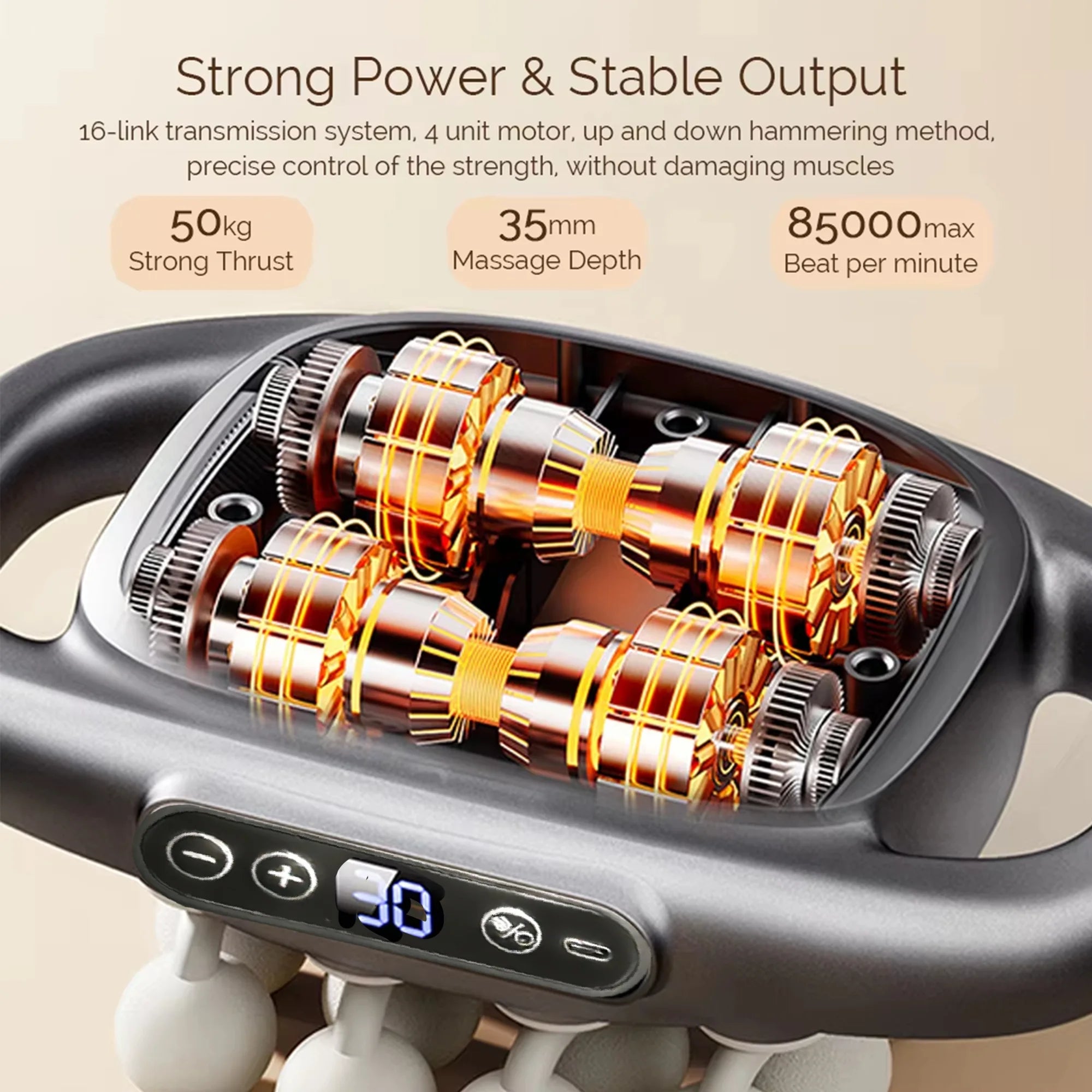 Close-up of a handheld deep tissue massage device showing internal motor and digital display