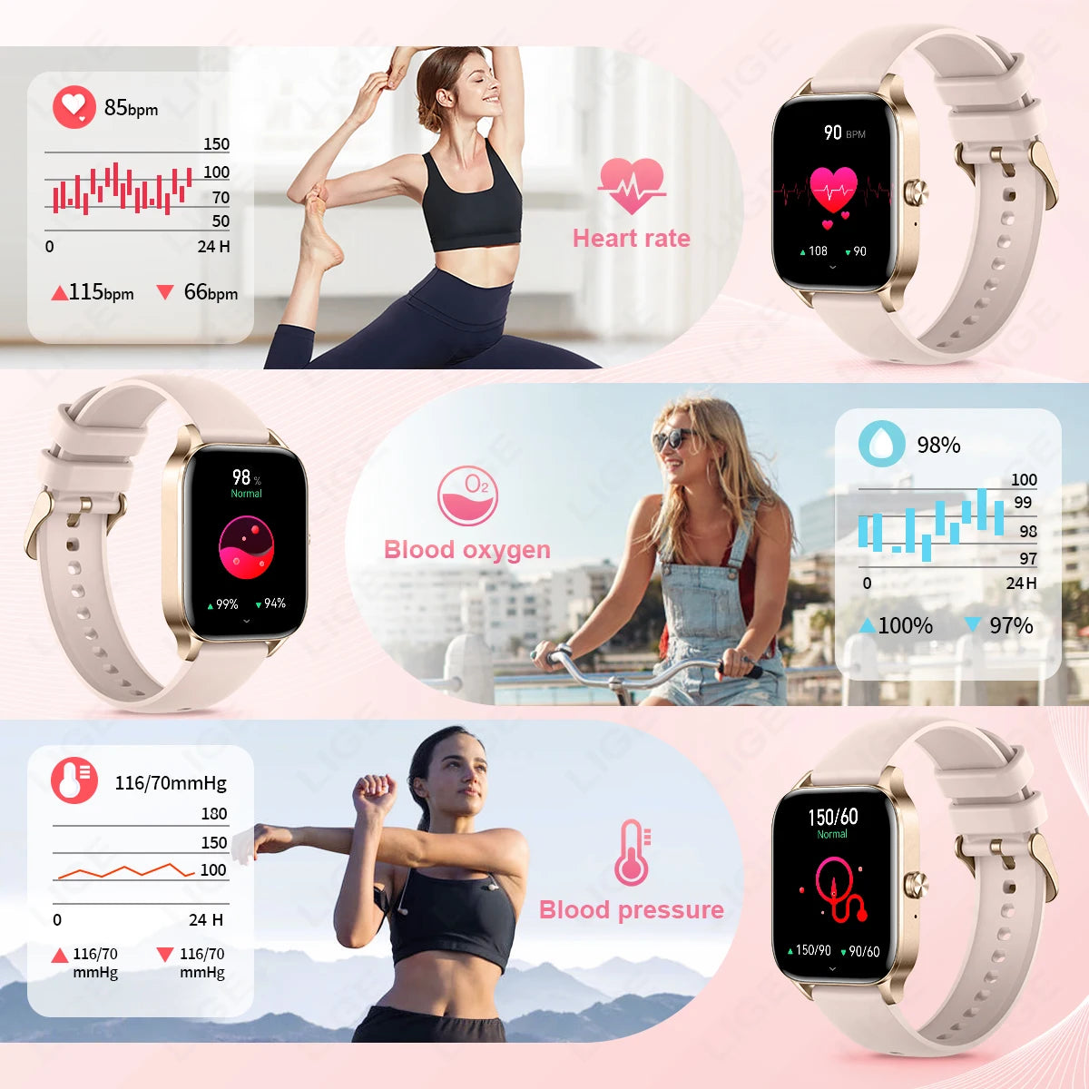 Smartwatch tracking heart rate, blood pressure, and blood oxygen on active women outdoors